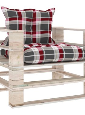 VidaXL Tuinbank met rood geruite kussens pallet grenenhout