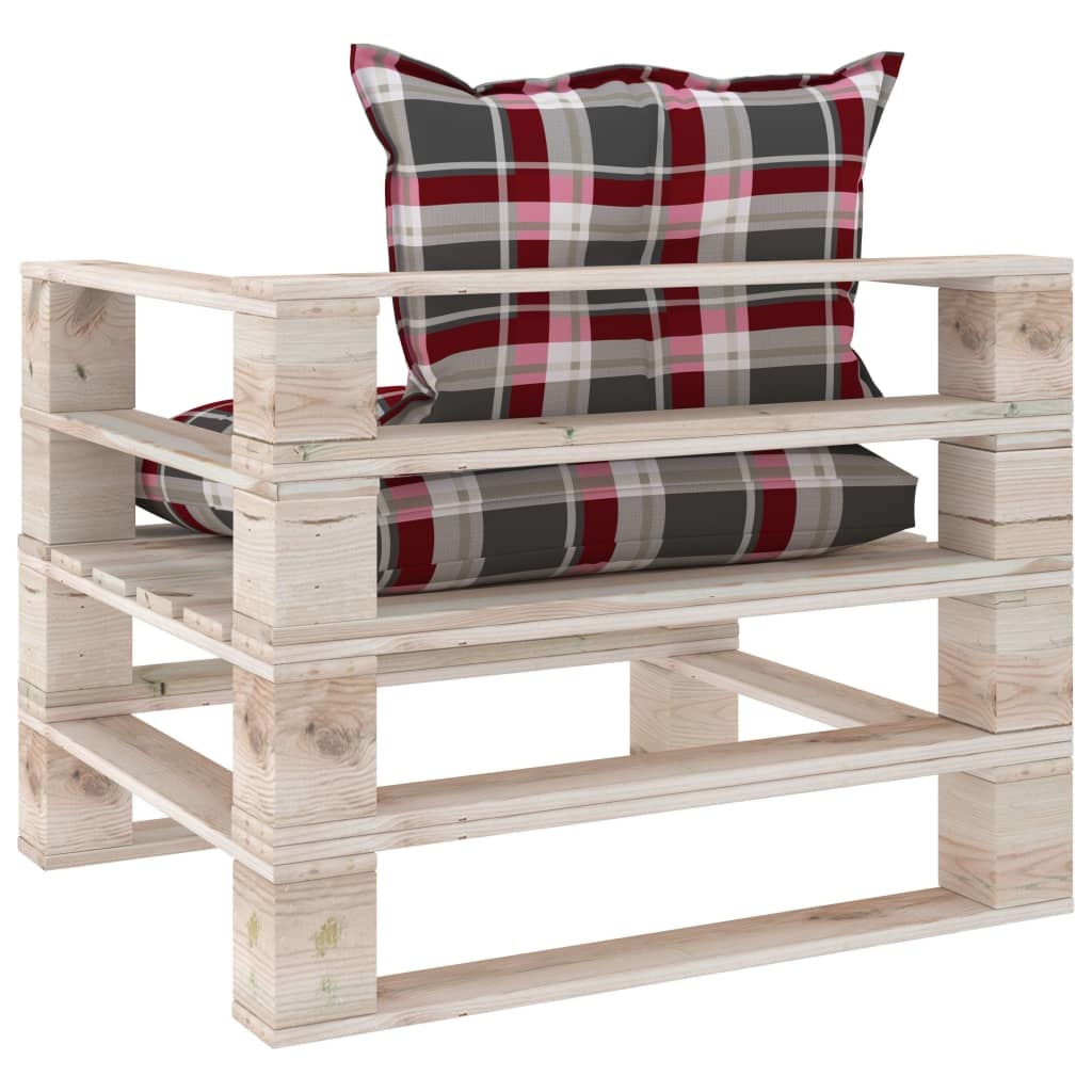 VidaXL Tuinbank met rood geruite kussens pallet grenenhout