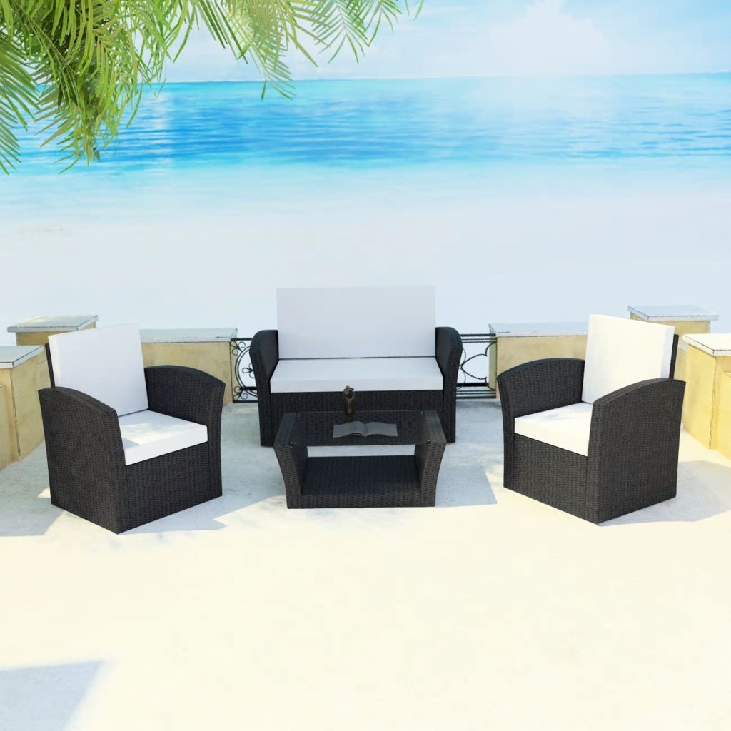 VidaXL 4-delige Loungeset met kussens poly rattan zwart