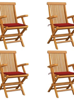 VidaXL Tuinstoelen met rode kussens 4 st massief teakhout