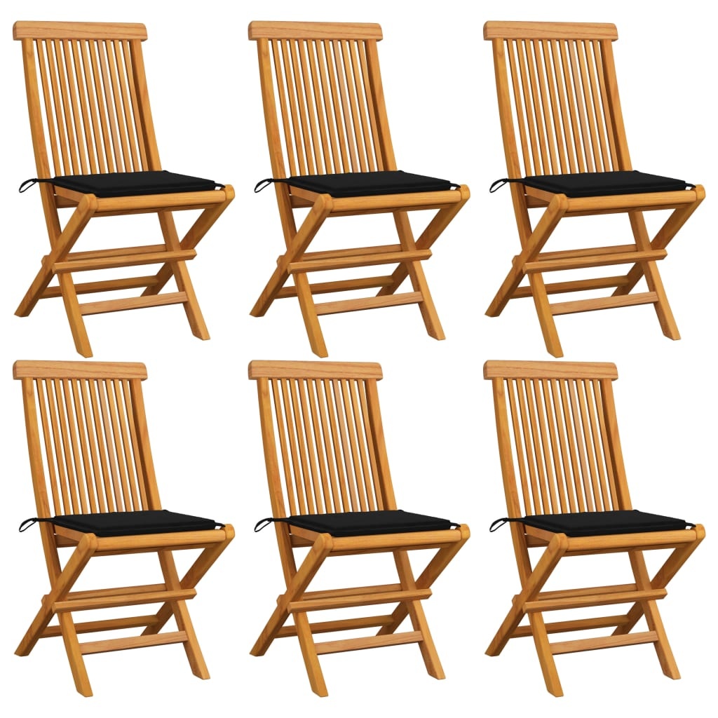 VidaXL Tuinstoelen met zwarte kussens 6 st massief teakhout