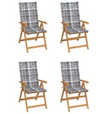 VidaXL Tuinstoelen 4 st met grijs geruite kussens massief teakhout