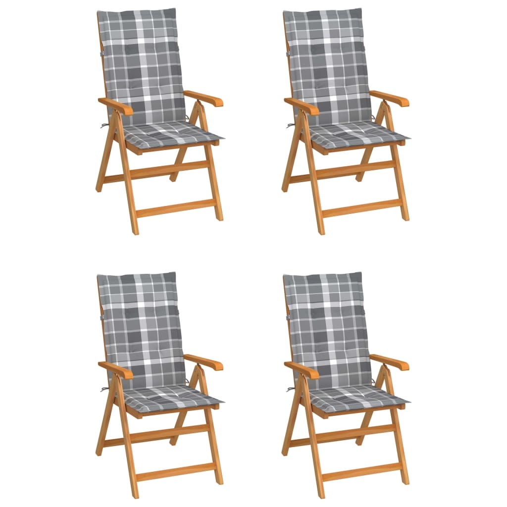 VidaXL Tuinstoelen 4 st met grijs geruite kussens massief teakhout