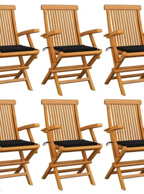 VidaXL Tuinstoelen met zwarte kussens 6 st massief teakhout