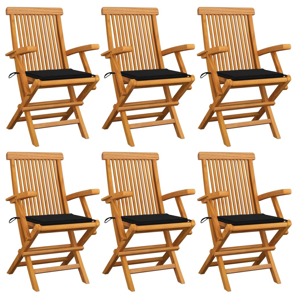 VidaXL Tuinstoelen met zwarte kussens 6 st massief teakhout