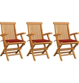 VidaXL Tuinstoelen met rode kussens 3 st massief teakhout