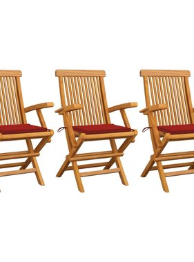 VidaXL Tuinstoelen met rode kussens 3 st massief teakhout