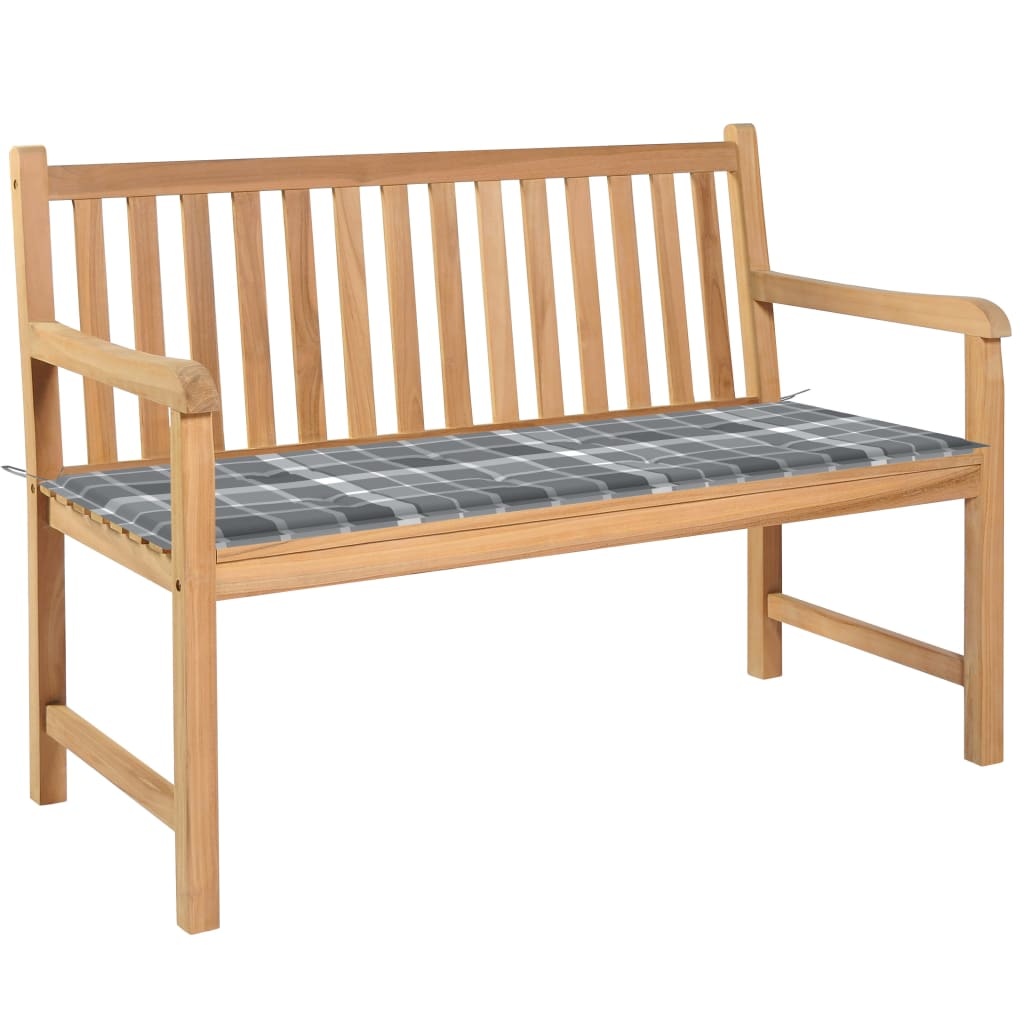 VidaXL Tuinbank met grijs geruit kussen 120 cm massief teakhout