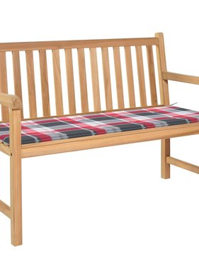 VidaXL Tuinbank met rood geruit kussen 120 cm massief teakhout