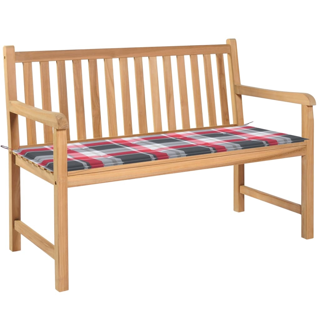 VidaXL Tuinbank met rood geruit kussen 120 cm massief teakhout