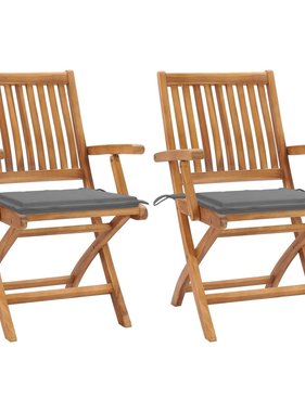 VidaXL Tuinstoelen 2 st met grijze kussens massief teakhout