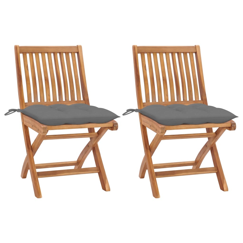 VidaXL Tuinstoelen 2 st met grijze kussens massief teakhout