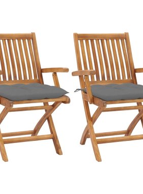 VidaXL Tuinstoelen 2 st met grijze kussens massief teakhout