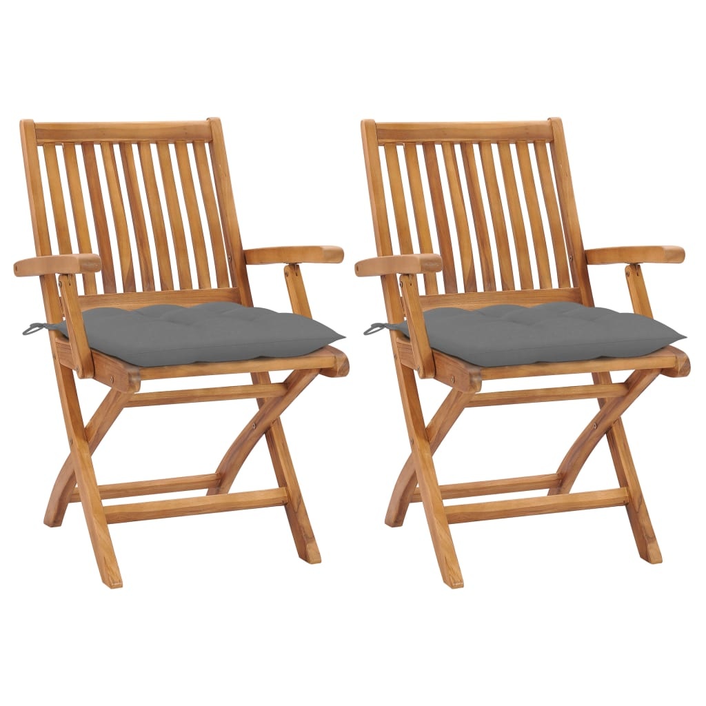 VidaXL Tuinstoelen 2 st met grijze kussens massief teakhout
