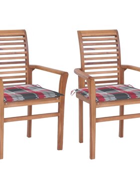 VidaXL Eetkamerstoelen 2 st met rood geruite kussens massief teakhout