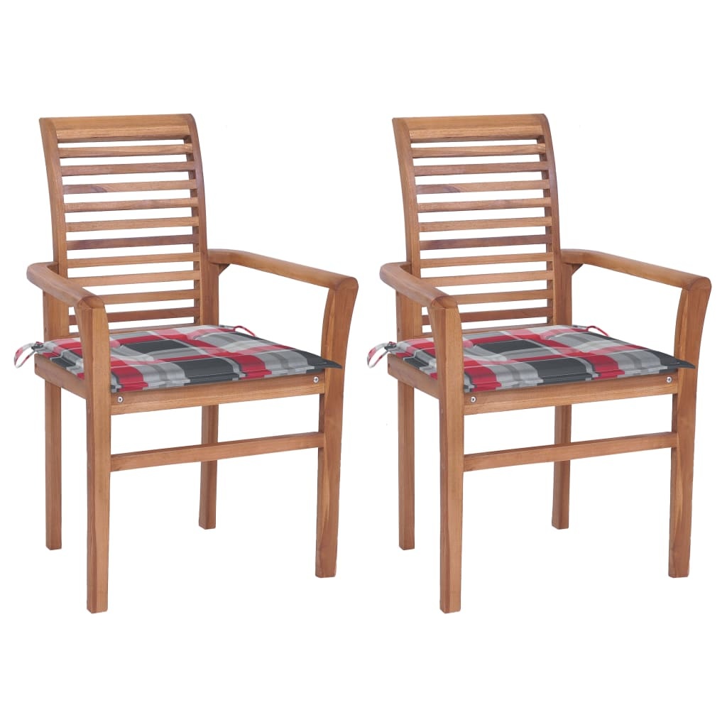 VidaXL Eetkamerstoelen 2 st met rood geruite kussens massief teakhout