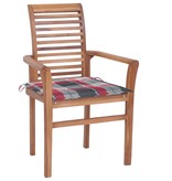 VidaXL Eetkamerstoelen 2 st met rood geruite kussens massief teakhout