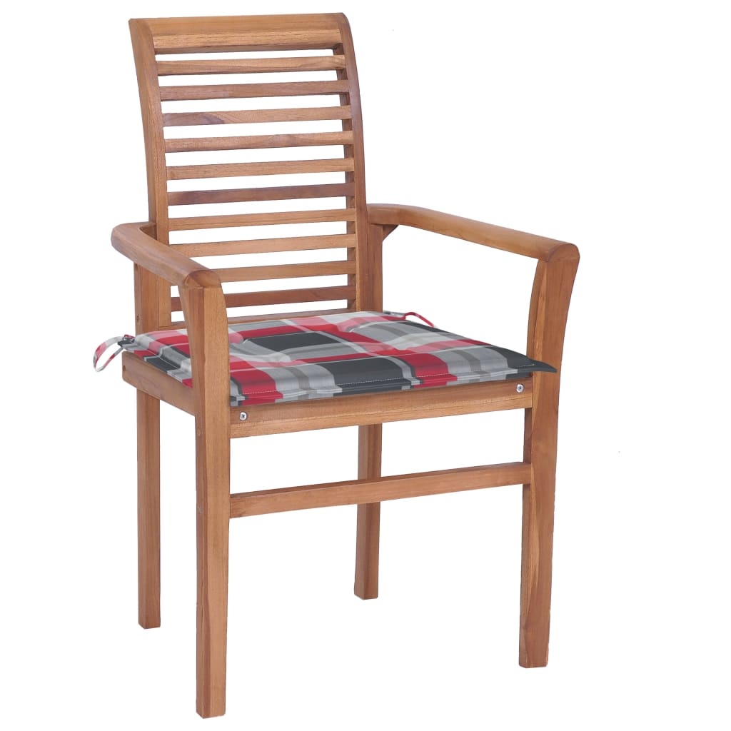 VidaXL Eetkamerstoelen 2 st met rood geruite kussens massief teakhout