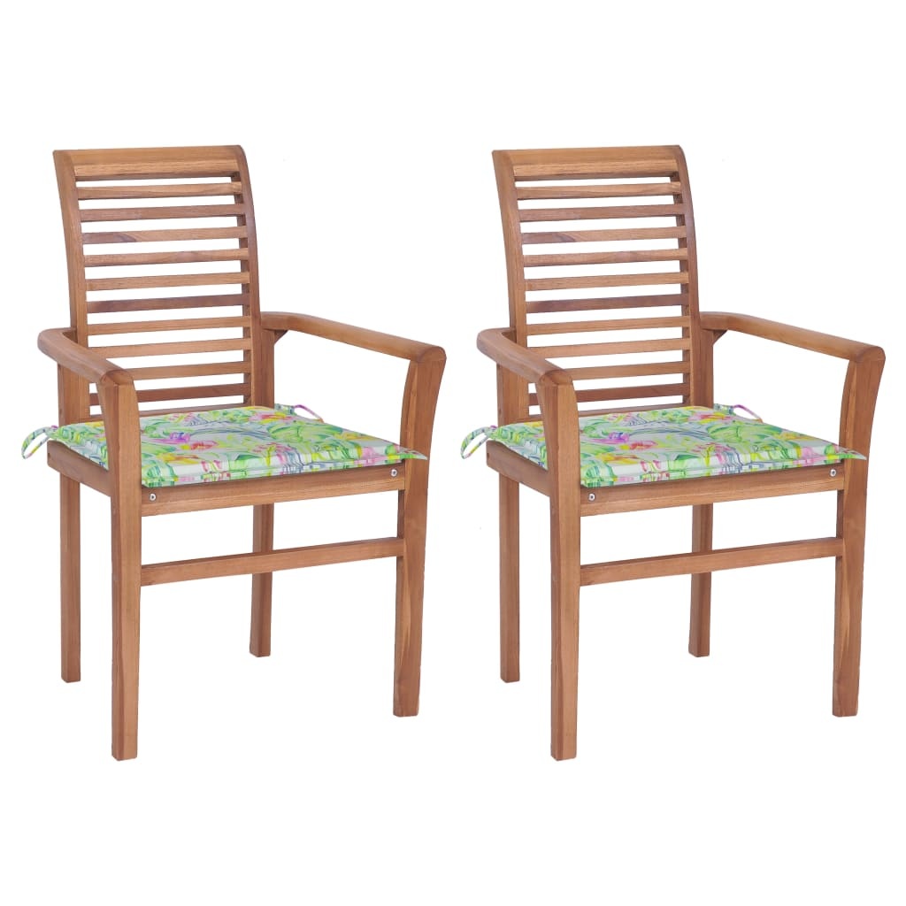 VidaXL Eetkamerstoelen 2 st met bladpatroon kussens massief teakhout