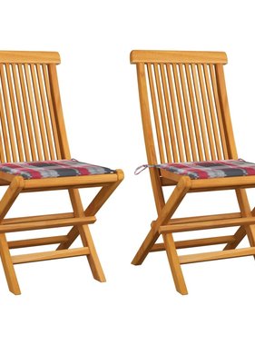 VidaXL Tuinstoelen 2 st met rood geruite kussens massief teakhout