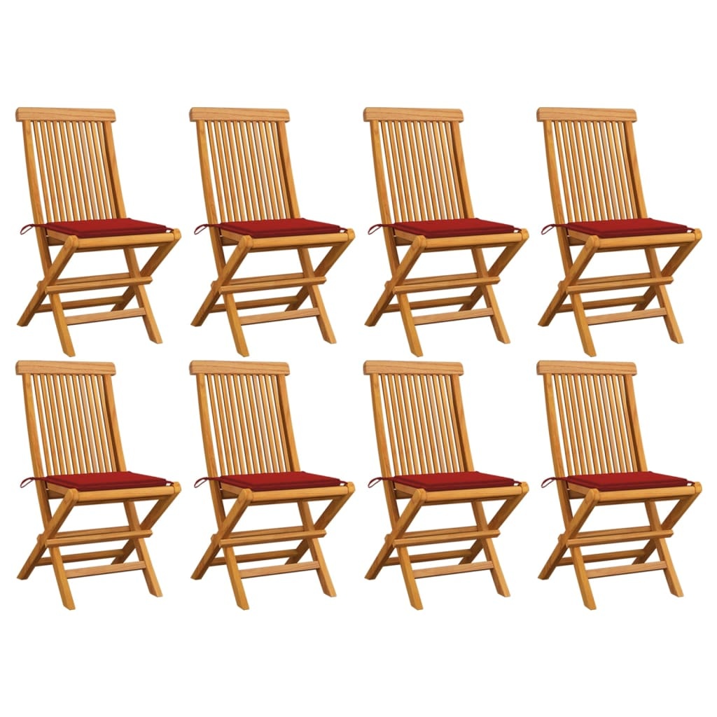 VidaXL Tuinstoelen 8 st met rode kussens massief teakhout