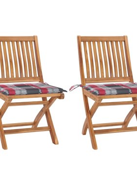 VidaXL Tuinstoelen 2 st met rood geruite kussens massief teakhout