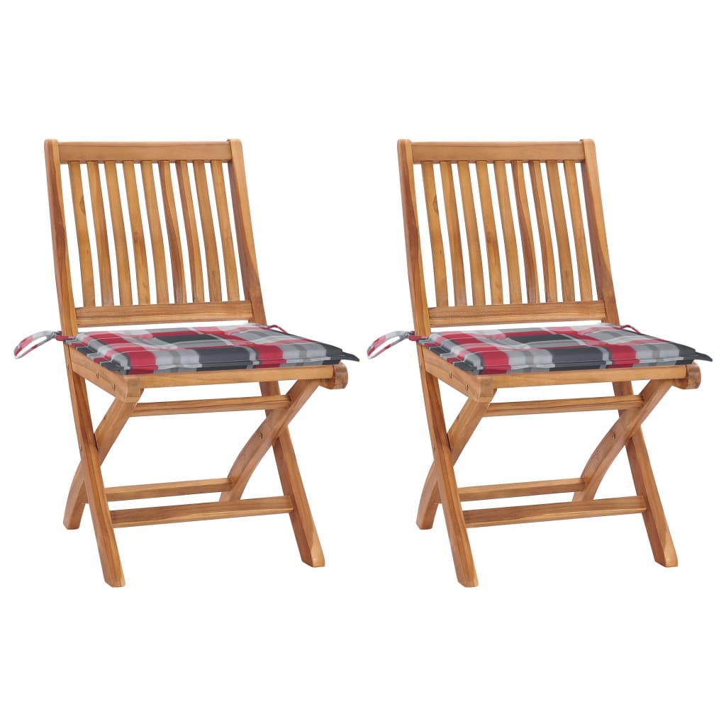 VidaXL Tuinstoelen 2 st met rood geruite kussens massief teakhout