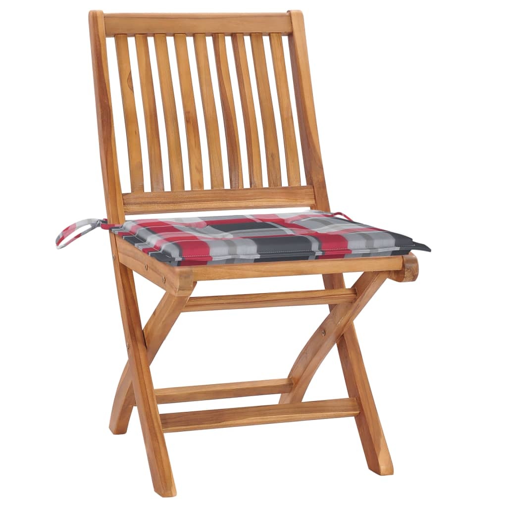 VidaXL Tuinstoelen 2 st met rood geruite kussens massief teakhout