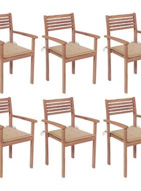 VidaXL Tuinstoelen stapelbaar 6 st met kussens massief teakhout