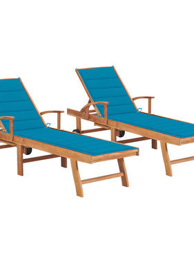 VidaXL Ligbedden 2 st met blauwe kussens massief teakhout