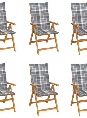 VidaXL Tuinstoelen 6 st met grijs geruite kussens massief teakhout