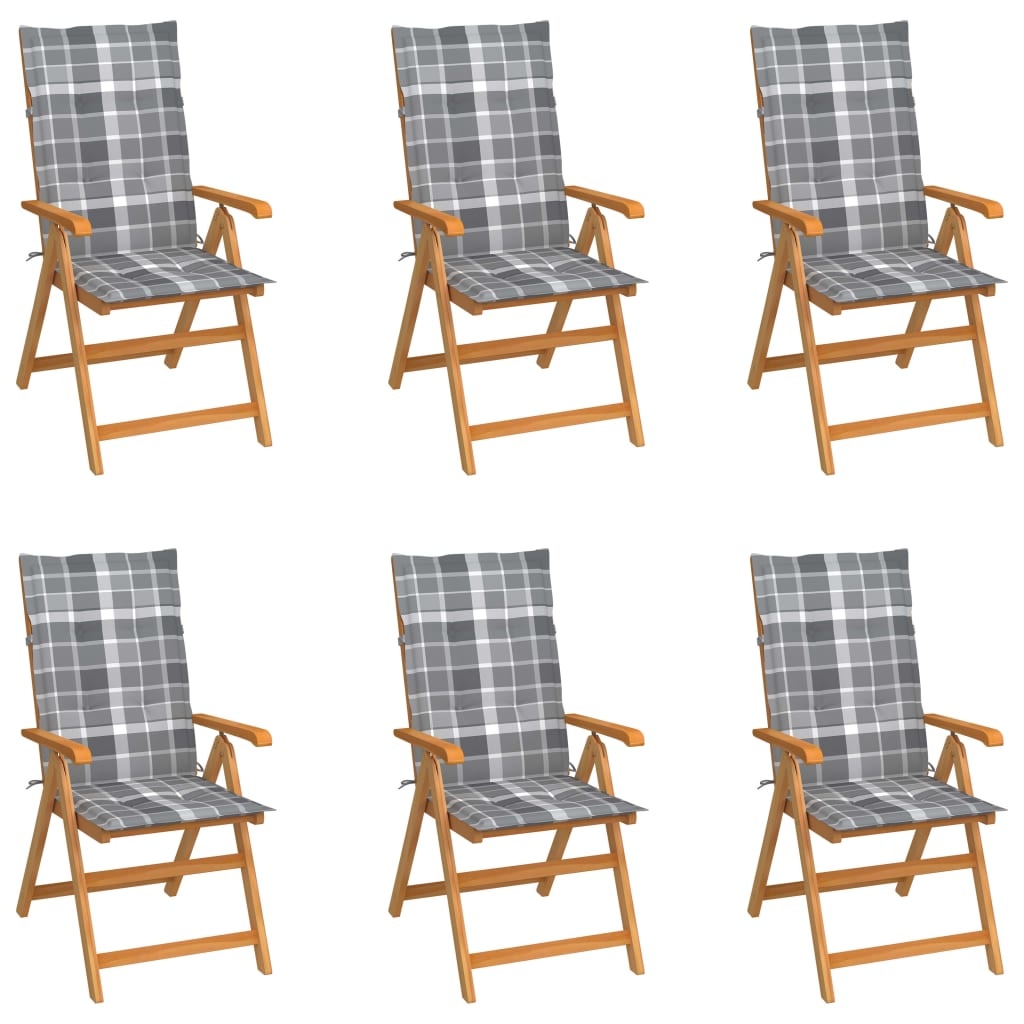 VidaXL Tuinstoelen 6 st met grijs geruite kussens massief teakhout