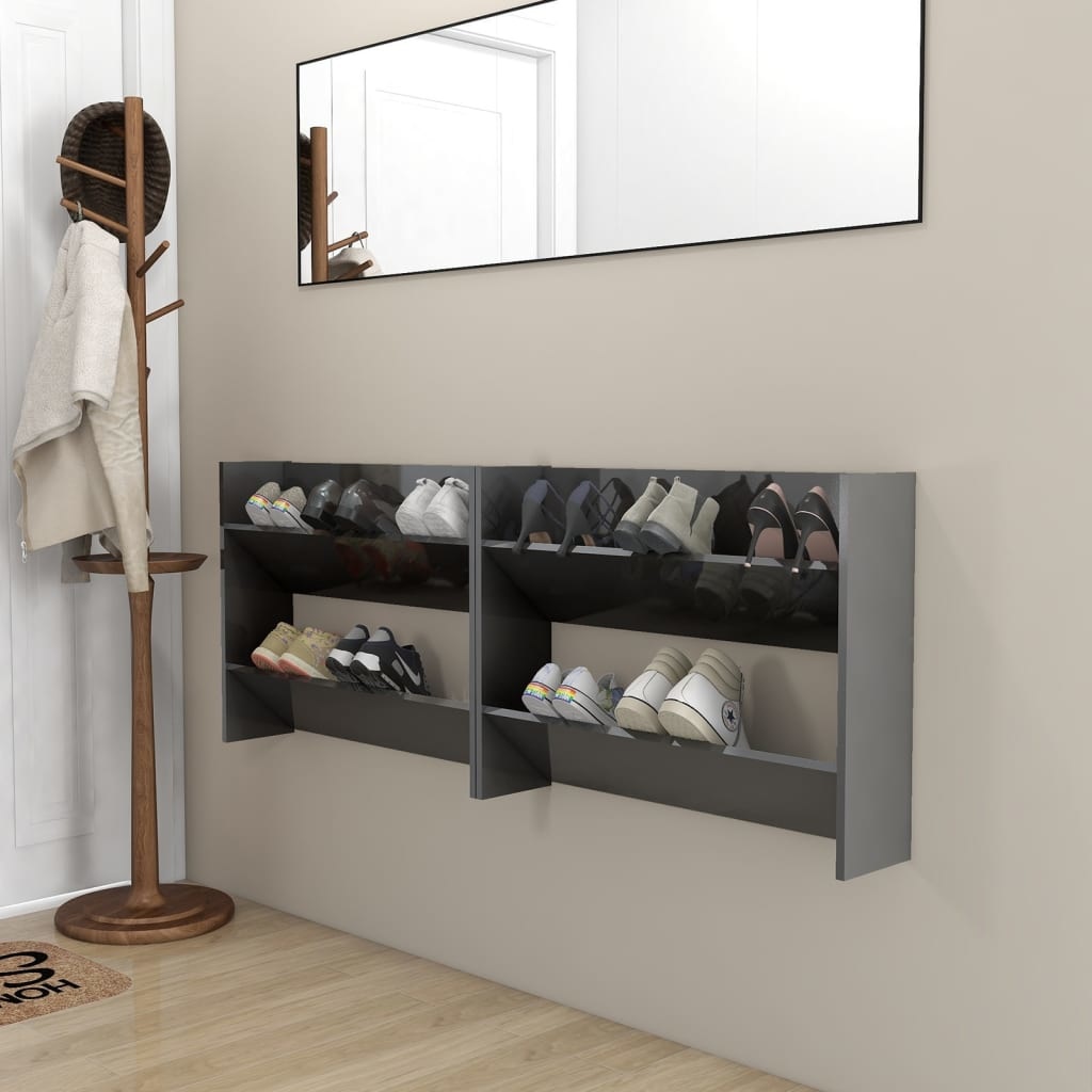 VidaXL Wandschoenenkasten 2 st 80x18x60 cm spaanplaat hoogglans grijs