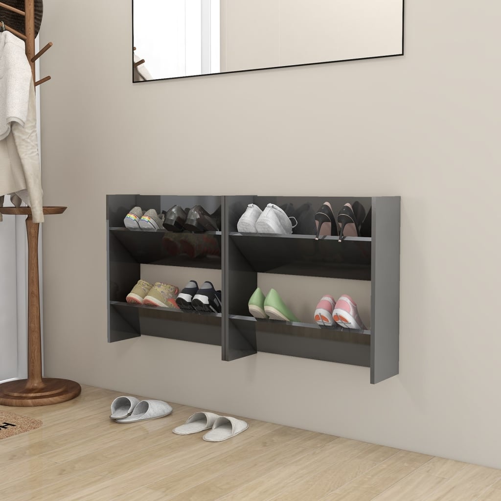 VidaXL Wandschoenenkasten 2 st 60x18x60 cm spaanplaat hoogglans grijs