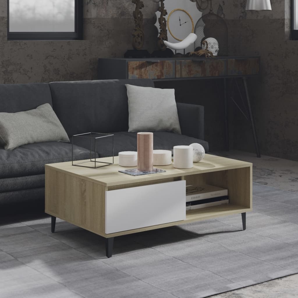 VidaXL Salontafel 90x60x35 cm spaanplaat wit en sonoma eikenkleurig