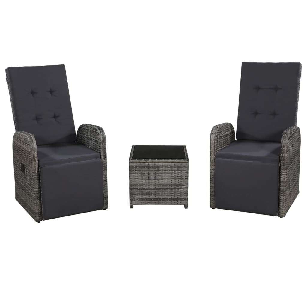 VidaXL 3-delige Bistroset met kussens poly rattan grijs