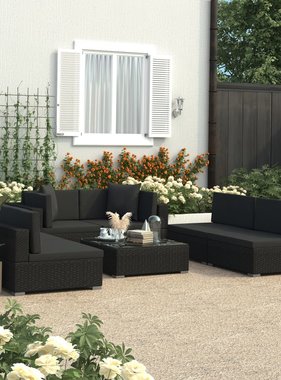 vidaXL 7-delige Loungeset met kussens poly rattan zwart