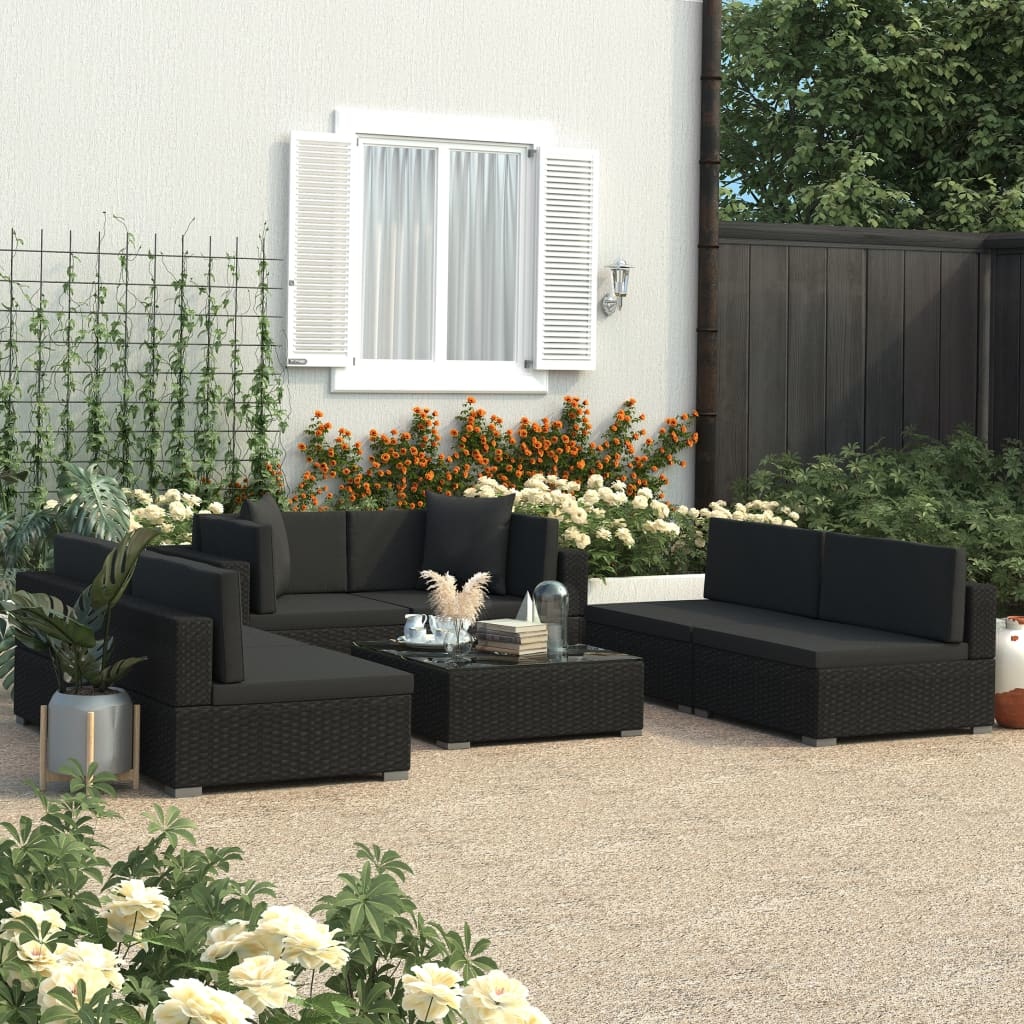 vidaXL 7-delige Loungeset met kussens poly rattan zwart