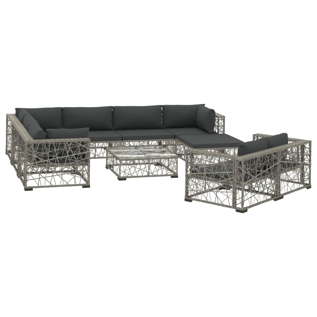 vidaXL 10-delige Loungeset met kussens poly rattan grijs