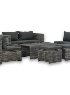 vidaXL Loungeset met kussens 6-delig poly rattan grijs