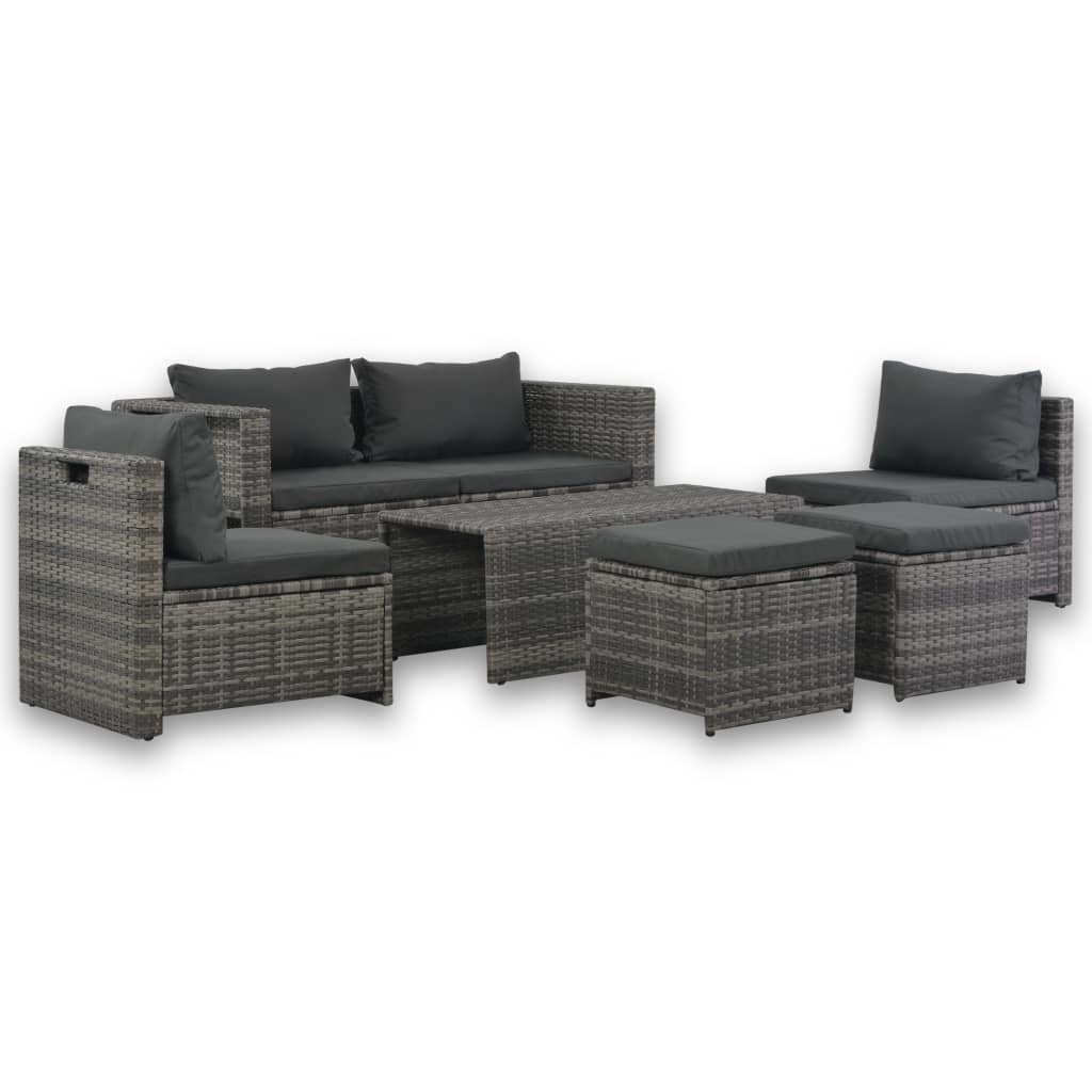 vidaXL Loungeset met kussens 6-delig poly rattan grijs