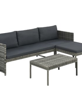 vidaXL 3-delige Loungeset met kussens poly rattan grijs