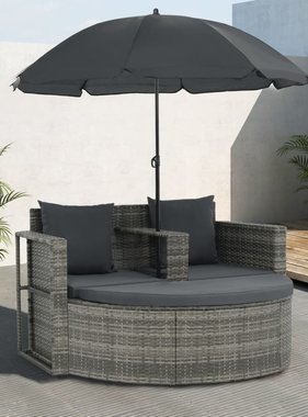 vidaXL Tuinbank tweezits met kussens en parasol poly rattan grijs