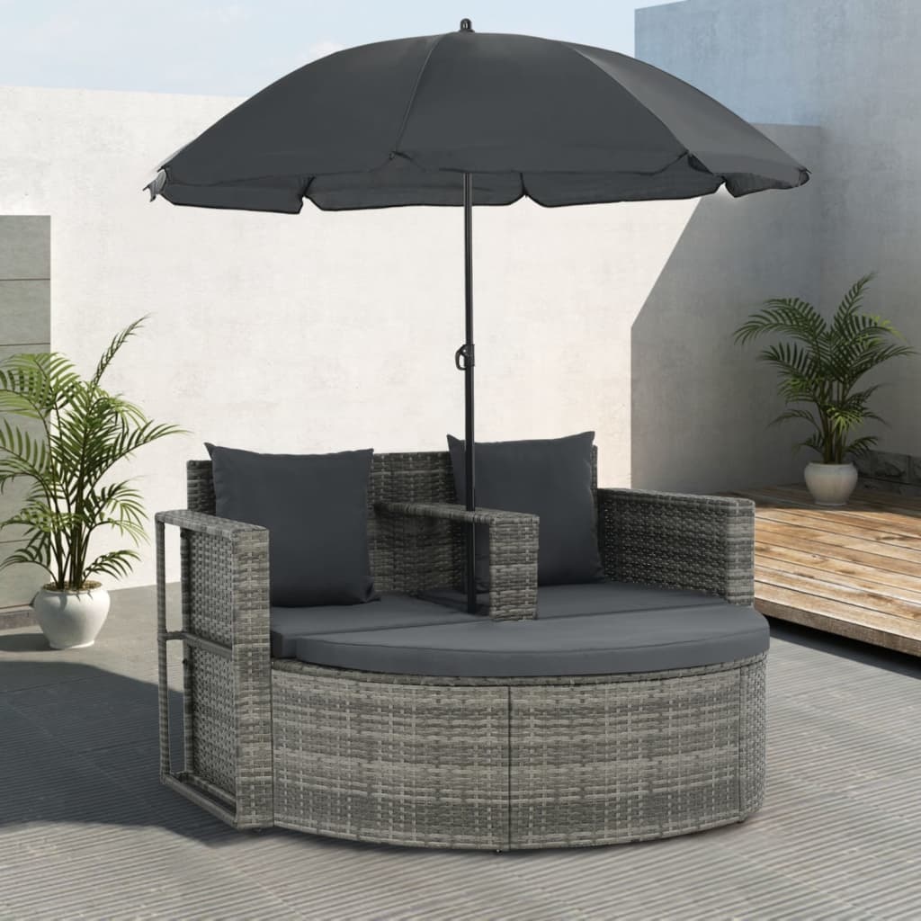 vidaXL Tuinbank tweezits met kussens en parasol poly rattan grijs