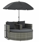 vidaXL Tuinbank tweezits met kussens en parasol poly rattan grijs