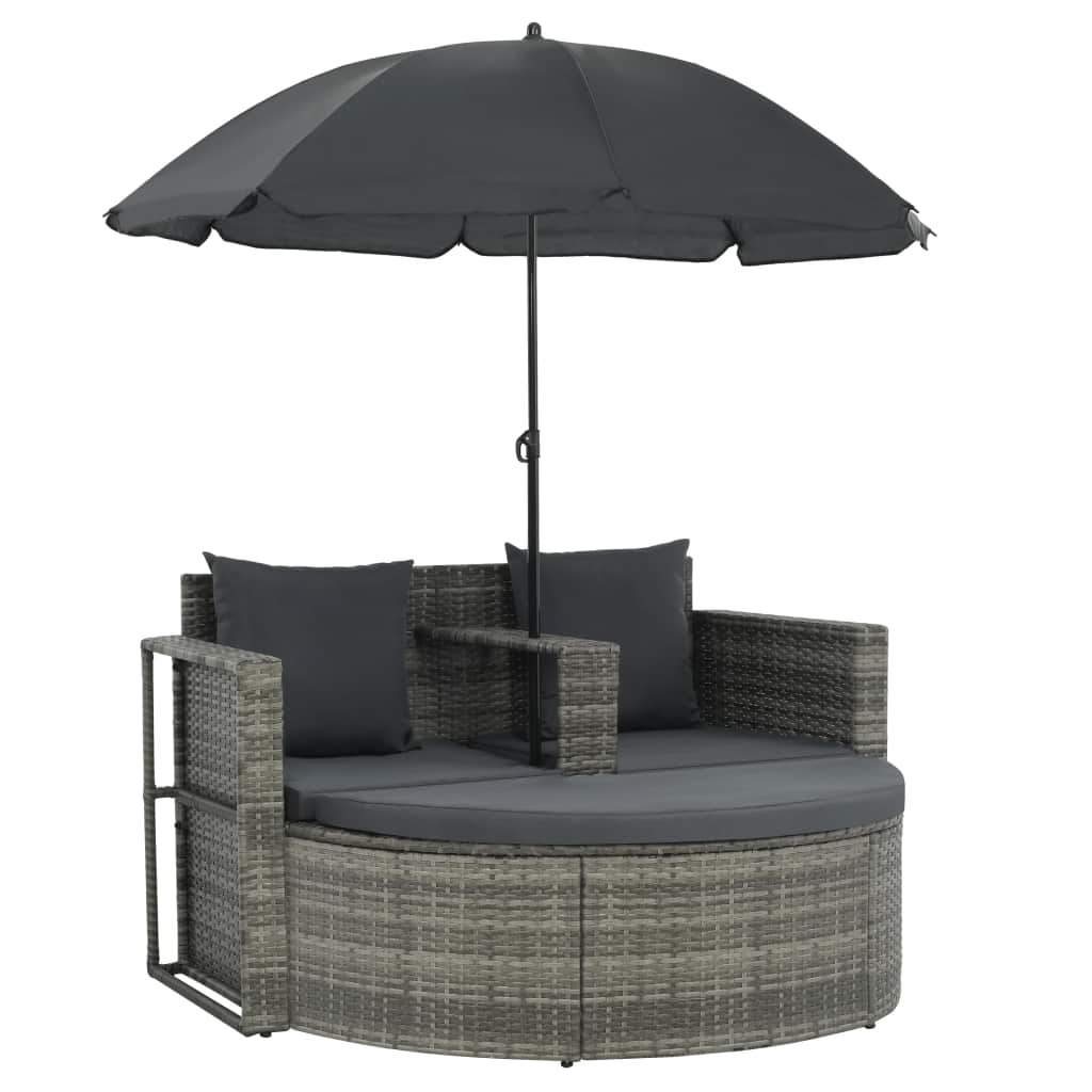 vidaXL Tuinbank tweezits met kussens en parasol poly rattan grijs