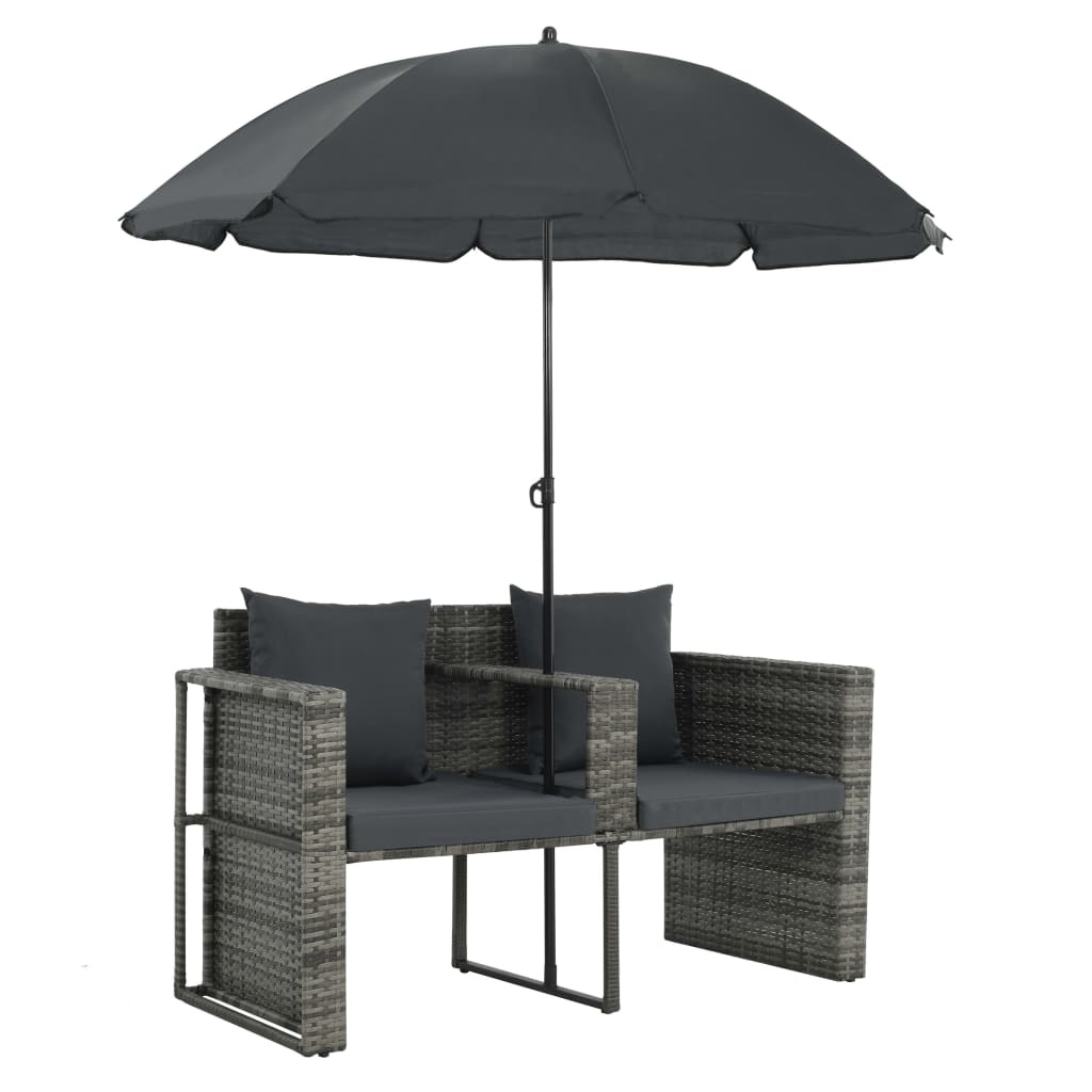 vidaXL Tuinbank tweezits met kussens en parasol poly rattan grijs