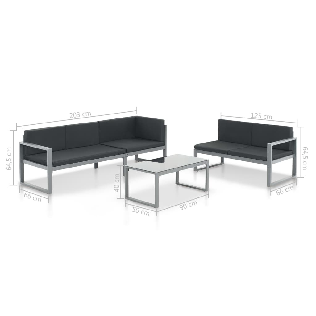 vidaXL 3-delige Loungeset met kussens aluminium zwart