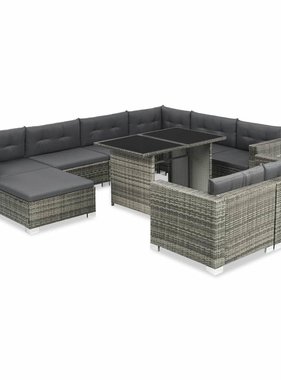 vidaXL 10-delige Loungeset met kussens poly rattan grijs