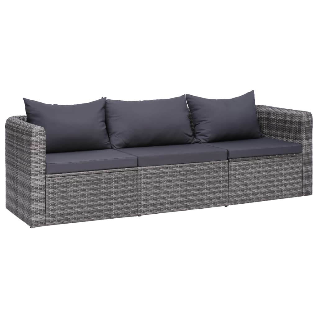 vidaXL 3-delige Loungeset met kussens poly rattan grijs